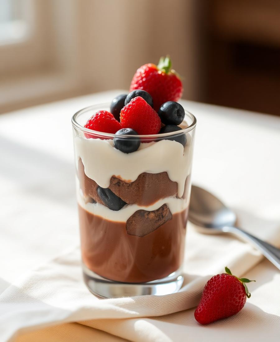 Taça de sobremesa com mousse e frutas